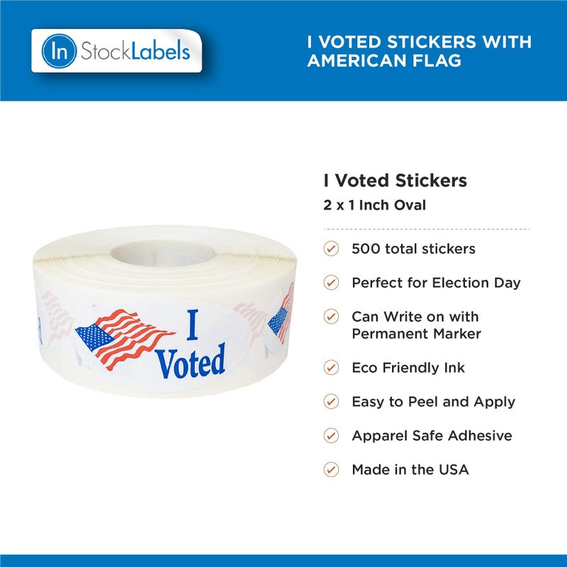 InStockLabels.com I Voted Stickers with American Flag, 2 x 1 Inches, 500 Adhesive Labels - Patriotic Election Day Vote Stickers for Voter Locations and Polling Stations - Image 2